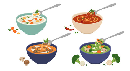Delicious collection of four hearty and flavorful soup bowls ready to be enjoyed
