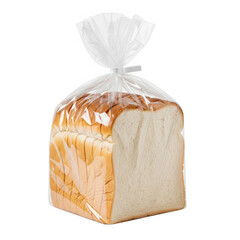 3d rendered loaf of sliced white bread in a clear plastic bag transparent background