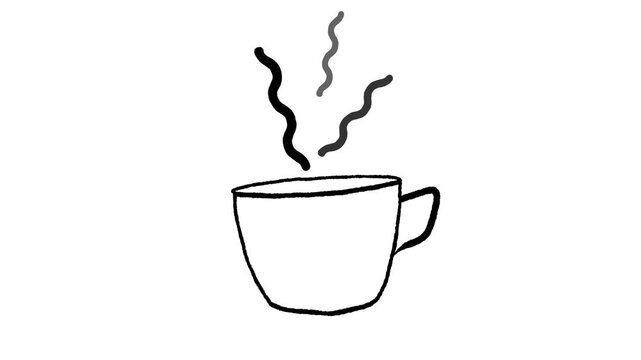 Doodle animation of a steaming cup of coffee or tea. Looping hand drawn sketch for cafe logos or cozy branding.