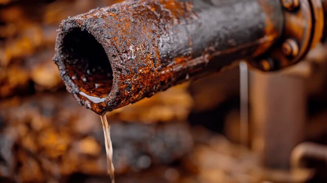 Rusty pipes corroded pipe leaking water brown liquid closeup old metal industrial decay wet rusty pipes leaking water from corroded metal pipe close up with brown liquid drip and textured decay rusty