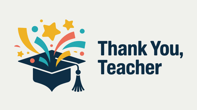 Thank you teacher with graduation cap and colorful confetti on a light background illustration design