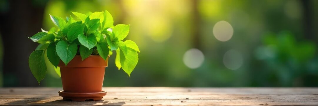 Fototapeta A vibrant green potted plant, lush leaves reaching towards sunlight, sits on a rustic wooden table Perfect for home decor, gardening, and springtime themes , background, foliage