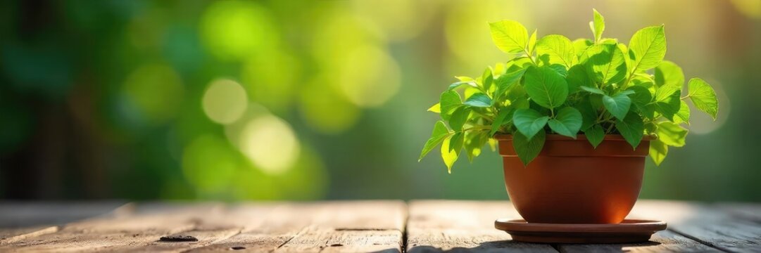 Fototapeta A vibrant green potted plant, lush leaves reaching towards sunlight, sits on a rustic wooden table Perfect for home decor, gardening, and springtime themes , leaves, spring