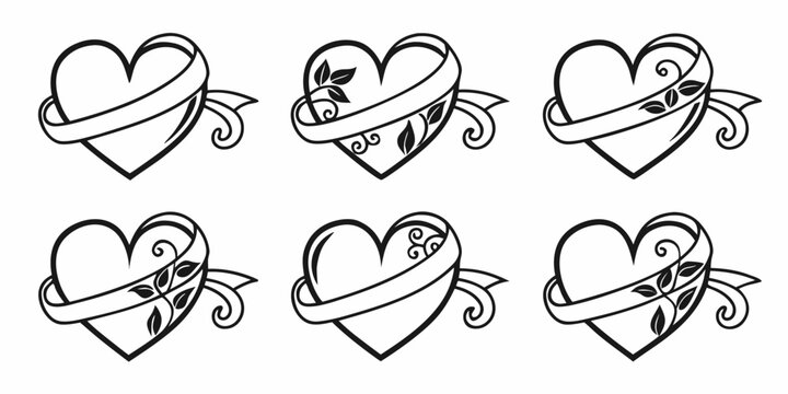 Decorative Heart Emblems with Ribbons and Leaves.