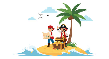 Two cartoon pirates discover a treasure chest full of gold coins on a tropical island with palm trees and the ocean surrounding it
