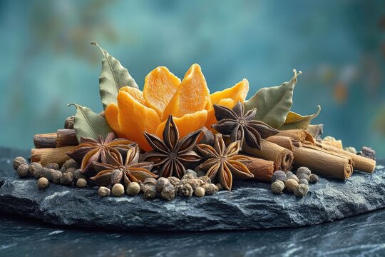 Dried orange peels, star anise, cinnamon sticks, cloves, and bay leaves arranged artistically on a dark stone.