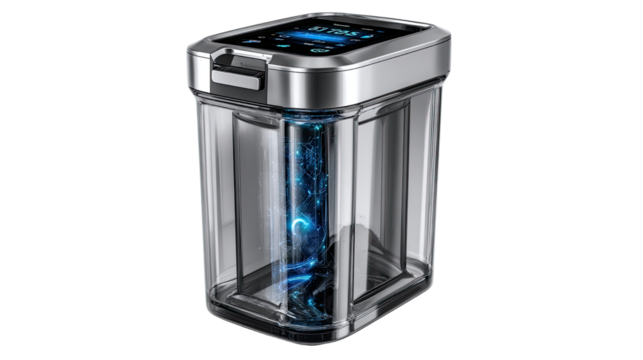 High-Tech Power Cube: A detailed, high-angle view showcases a sleek, transparent power cube with a glowing energy core, highlighting cutting-edge technology and efficiency.