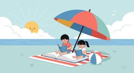 Children enjoying a sunny day reading books under a colorful umbrella at the beach