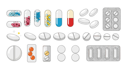 Various pharmaceutical medicine pills capsules and blister packs representing health care and treatment options