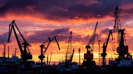 Fototapeta premium Sunset over industrial harbor with cranes silhouetted against vibrant sky at dusk reflecting on water surface