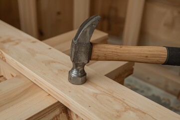 Wooden plank with a hammer and nail