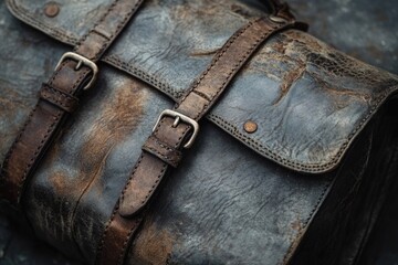 Distressed dark brown leather bag with buckles and straps, showing signs of age and wear.