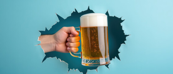 Hand holding frosty beer mug emerges from torn blue wall, creating playful and inviting atmosphere