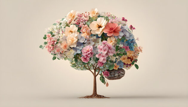 Human brain tree with flowers, self care and mental ealth concept, positive thnking, creative mind