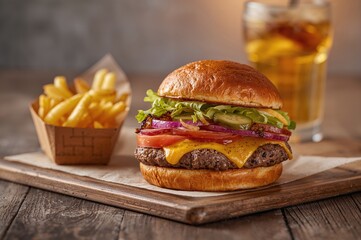 Burger with fresh veggies and potato fries