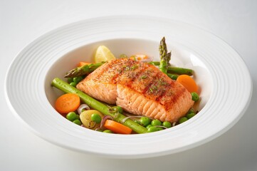 Salmon fillet grilled and accompanied by asparagus, green peas, carrots, and spring onions on a white plate