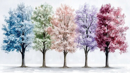 Fototapeta premium Row of 11 trees in a painting