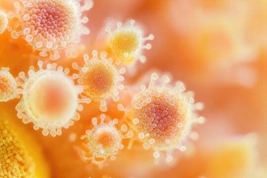 Microscopic view of multiple virus particles, detailed 3D rendering of viral structure.