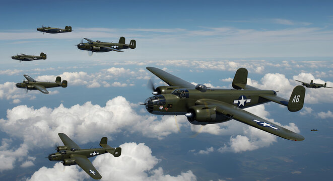 B 25 Mitchell Bombers Fly Formation Over Clouds World War Two Era