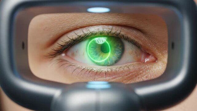 Human eye in vr headset with glowing green iris shows futuristic technology this is a great vision concept this is a powerful security scan symbol this is a very cool science image