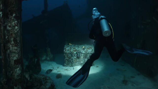 Scuba diver explores shipwreck with treasure chest showing underwater adventure this is a very mysterious and dark ocean scene this is a great travel discovery this is a cool trip