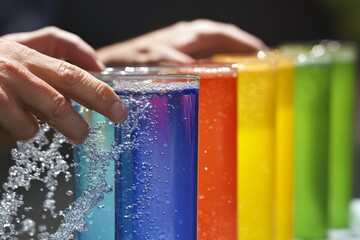 Colorful experiment with bubbles in test tubes during a science demonstration in a sunny outdoor setting