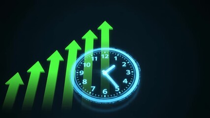 Digital clock with green arrows up shows time growth concept this is a great business investment symbol this is a very modern and futuristic financial success chart - Powered by Adobe