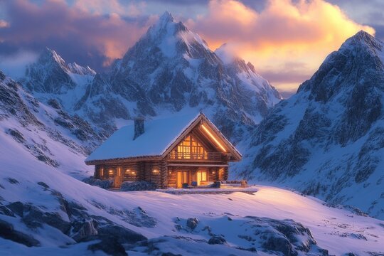 A cozy, illuminated log cabin nestled in a snowy mountain range during a breathtaking sunset. - Powered by Adobe