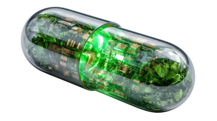 The Pill of Innovation: A transparent capsule revealing a blend of technology and nature, symbolizes the fusion of science and well-being in a groundbreaking treatment.