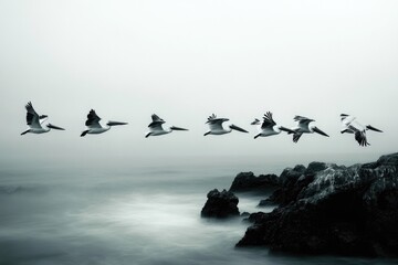 A sequence of pelicans in flight over a misty ocean, near dark rocks.