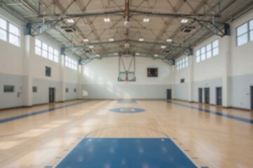 Blurred backdrop of a well-lit, roomy indoor basketball arena featuring large windows and tall ceilings in a contemporary fitness center. Out-of-focus photo for background use.
