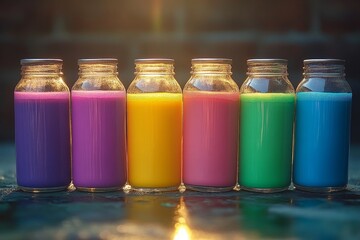 Display of colorful glass bottles filled with vibrant liquid at sunset in an outdoor setting