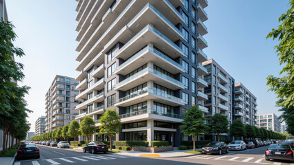 Modern residential buildings with balconies and large windows create vibrant urban atmosphere. tree lined street enhances appeal of this