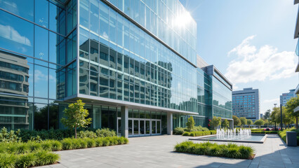 Obraz premium Modern office building with large glass windows reflecting sky and surrounding greenery, featuring fountain and landscaped area