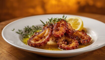 Fototapeta premium Charcoal-cooked octopus, classic Mediterranean cuisine