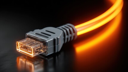 Bright Orange Electric Cable with Transparent Connector on Dark Background