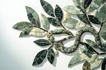 Intricate mosaic artwork depicting a snake intertwined with lush green leaves on a white background.