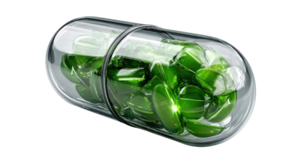 Natural Remedy Encapsulated: A photorealistic image presents a clear capsule, brimming with lush green botanical elements. The composition suggests wellness and natural healing.
