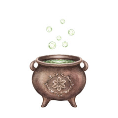 Vintage witch's cauldron with green potion and bubbles. Hand drawn watercolor illustration isolated on white background. Kids print for Halloween decor, magic design, postcard, poster, sticker.