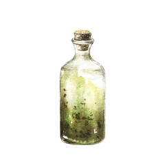 Old witch glass bottle with green potion, esoteric element sketch. Hand drawn watercolor illustration isolated on white background. For Halloween kids decoration, magic design, card, sticker.