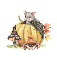 Cute smiling bat on autumn pumpkin, funny spider in knitted orange hat, black fly agaric mushrooms, bright leaves. Watercolor Halloween hand drawn illustration isolated on white. Kids fall print.
