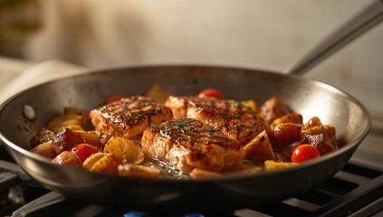 Sizzling salmon fillets and potatoes cooking in a skillet
