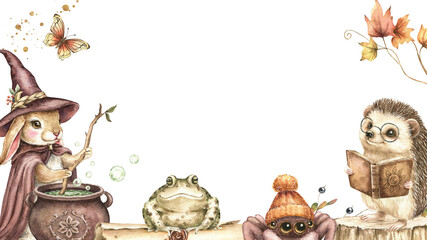 Wizard school watercolor frame with sorcerer bunny, hedgehog with book, cute spider, frog, autumn leaves, vintage cauldron, butterfly. Hand drawn Halloween illustration isolated on white, banner.