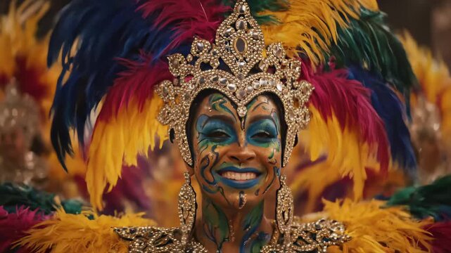 Happy woman in carnival costume with colorful feathers sings at parade showing joyful celebration this beautiful dancer is a symbol of brazil festival this is a very vibrant party