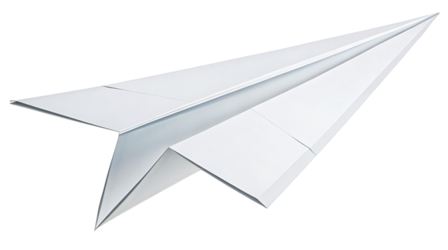 Paper airplane floating gracefully with sharp angles on a white background in flight closeup