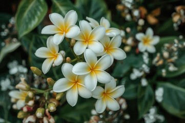 Fototapeta premium Green backdrop with frangipani blossoms