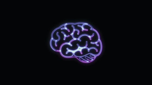  Brain Icon Neon Seamless Loop 4K with Black Background Animated Promotional Typography for Video Editing