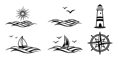 Fototapeta premium Nautical Icons Set Sun Waves Lighthouse Sailboat Birds Compass.