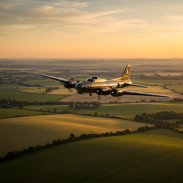 B17 Flying Fortress at Sunset Historic Airplane over Farmlands