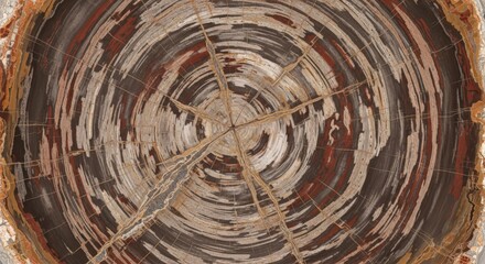 A cross-section of petrified wood showing concentric rings and radial cracks, displaying a range of colors from white to brown.